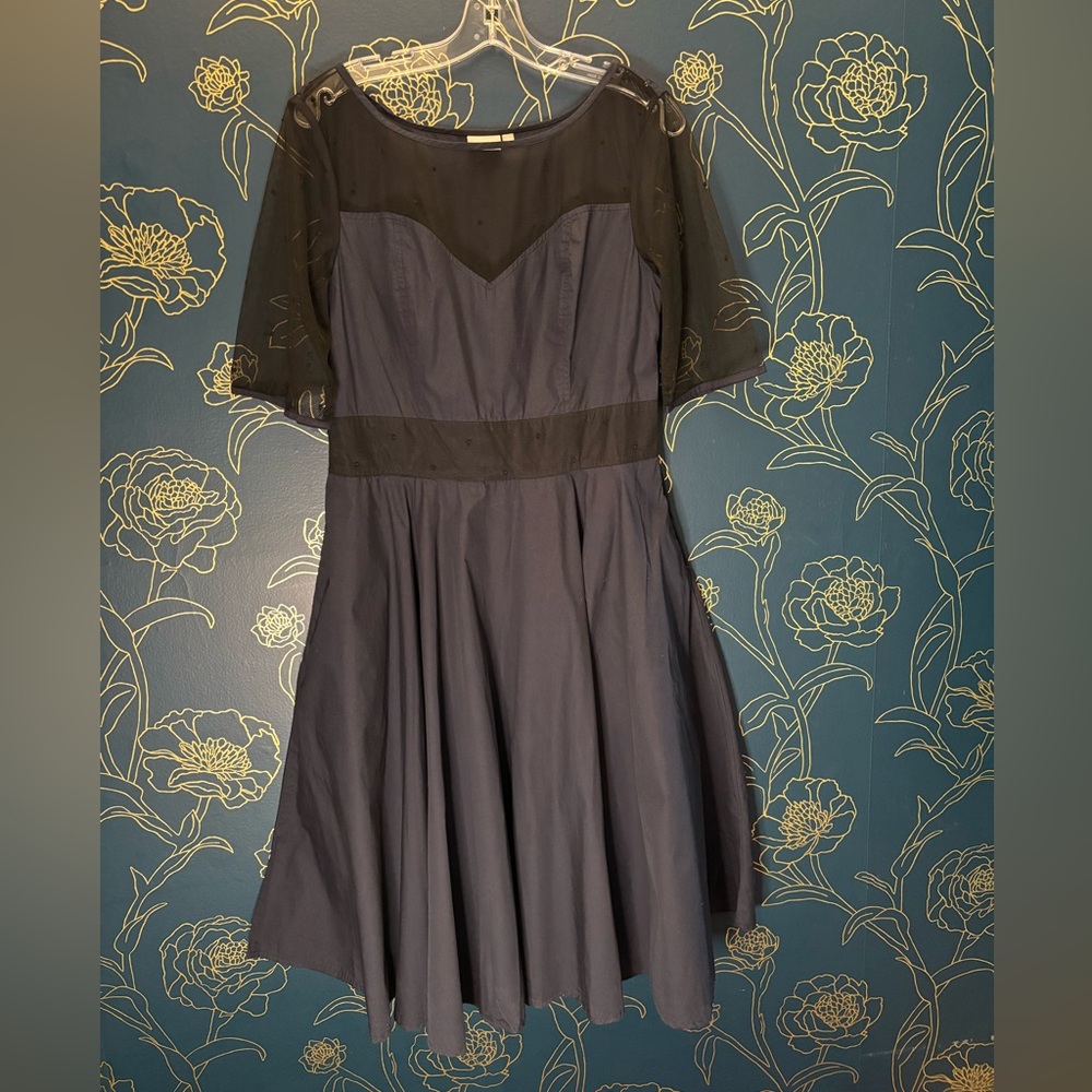 ESHAKTI Navy Blue & Black Dress SZ14 SHEER SLEEVES Pockets! Mesh! Plus size